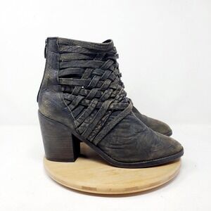 Free People Boots Womens 40 Carrera Woven Black Slate Leather Boho Bootie Shoes